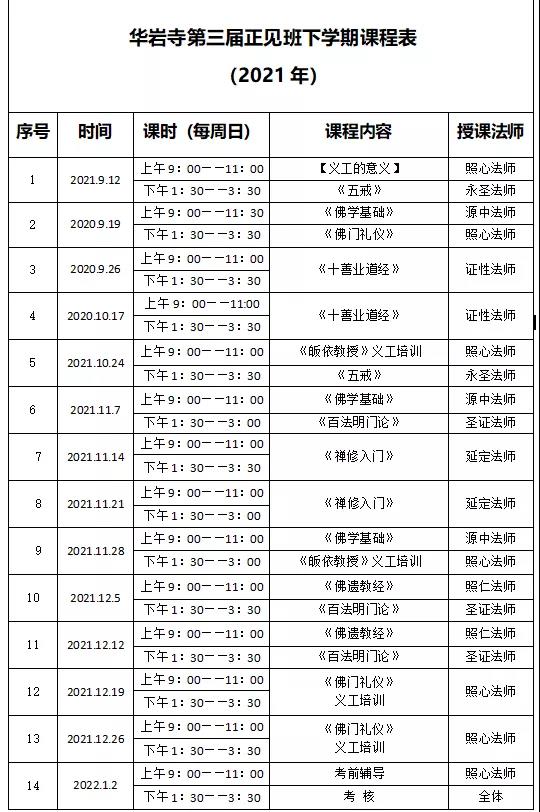 华岩寺第三届正见斑下学期课程表