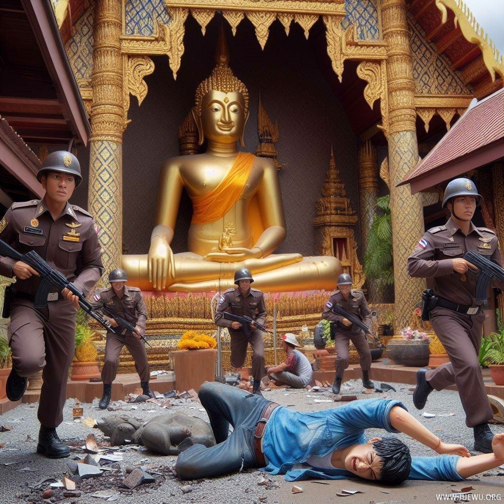 一名泰国男子疑似吸毒后在寺庙内大乱，最后跌摔，被神像刺进胸口惨死。（AI生成图）